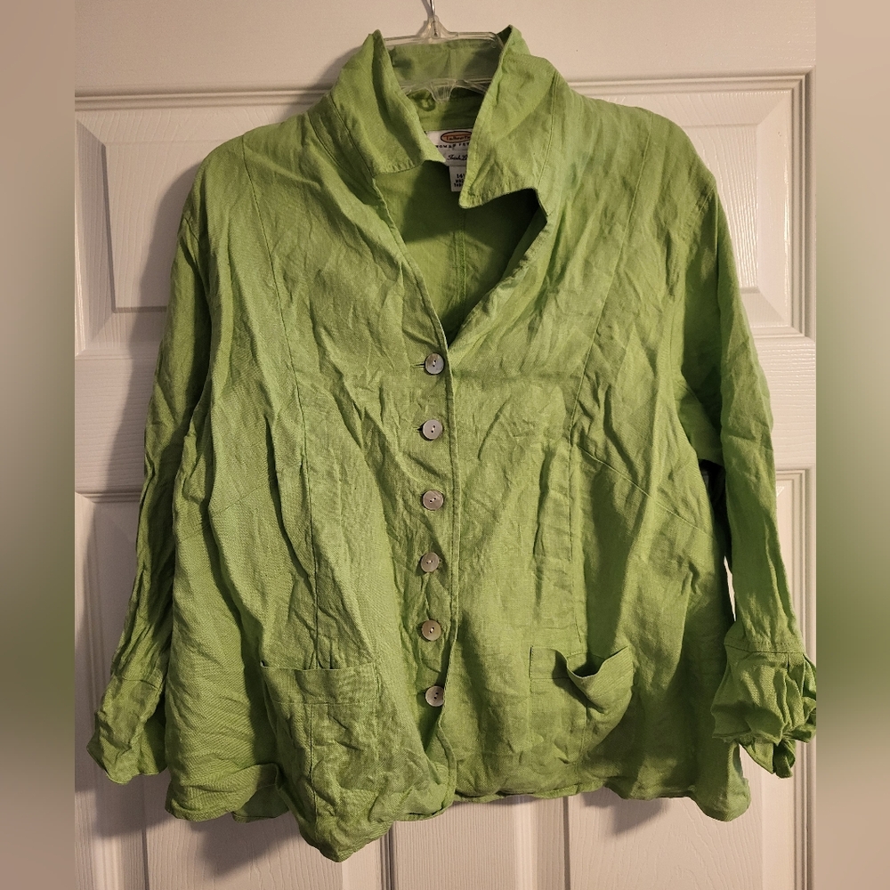 Talbots Woman Irish Linen Tunic Top Shirt Blouse Green Button Down Pockets 14W